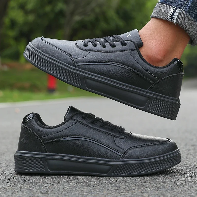 Men's All Black Synthetic Leather Sneakers Trendy Low Top Skateboard Shoes Comfortable High Quality Casual Sports Walking Shoes