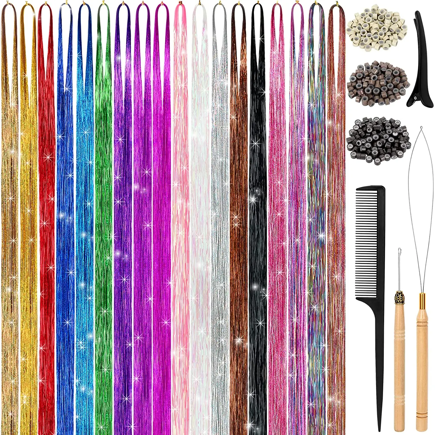 

18 Colors Shiny Threads Glitter Hair Tinsel Kit Gold Silk Hair Glitter String Extensions Accessories for Women Headdress