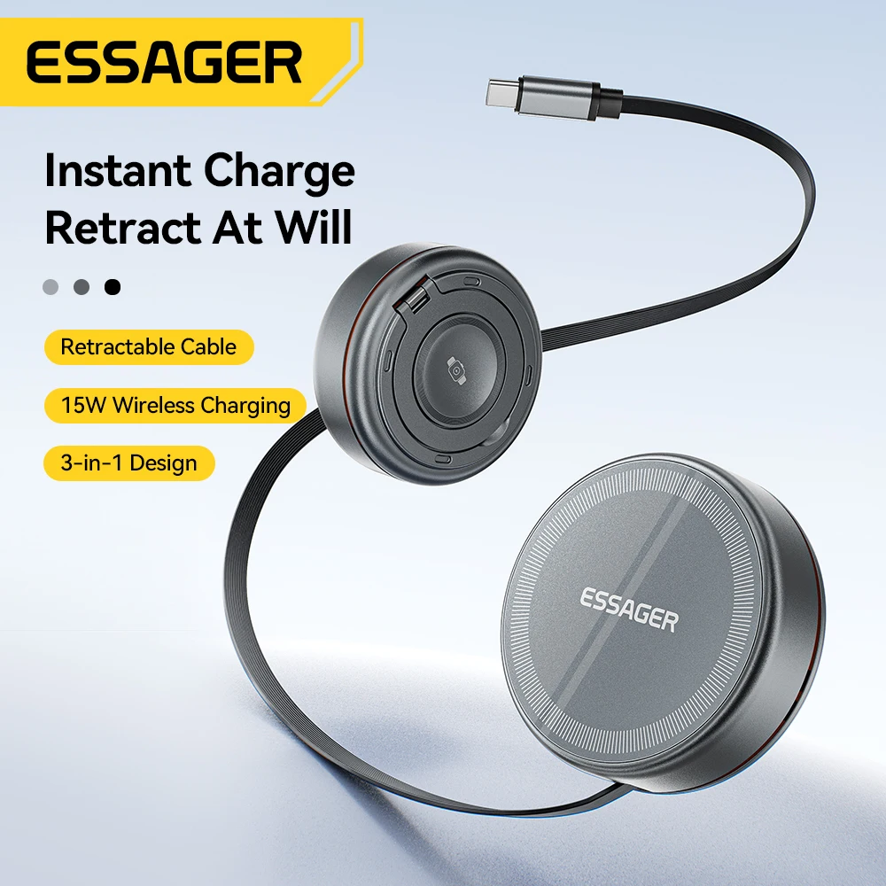 Essager 15W 3 in 1 Magnetic Wireless Charger With 96cm Retractable Type-C Cable For iPhone 16 15 14 13 Pro Max Airpods Watches