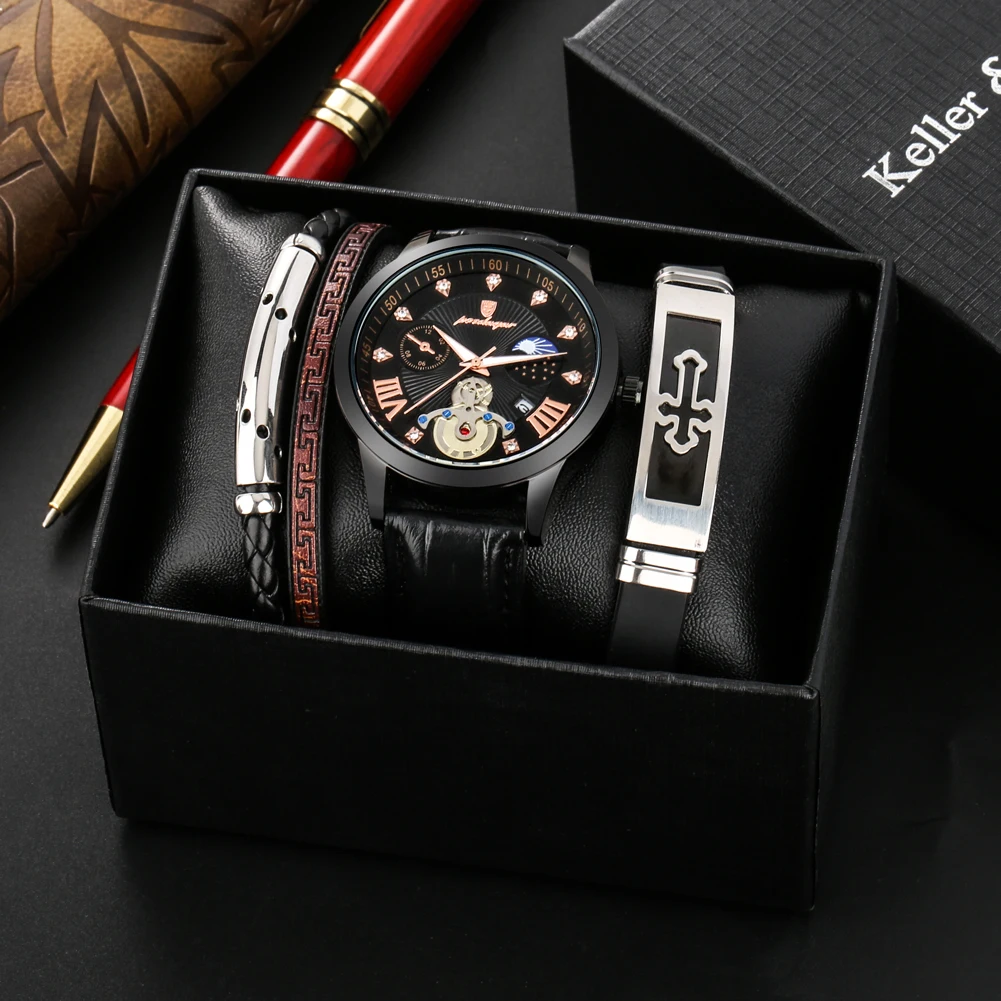 Creative Men's Watches Luxury Original Watch Bracelets Gift Set Box Quartz Leather Waterproof Calendar Wristwatch for Men Gifts