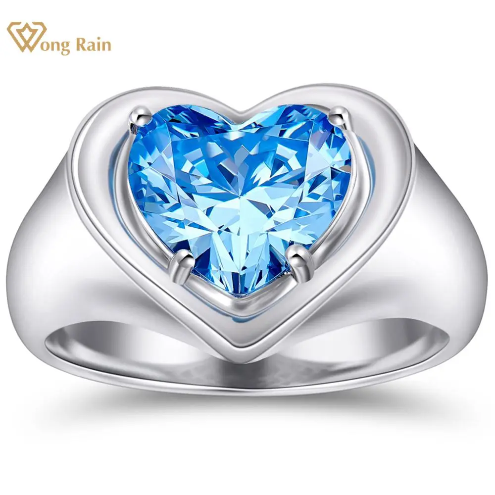 

Wong Rain 100% 925 Sterling Silver Heart Cut Aquamarine Gemstone Fine Ring for Women Wedding Engagement Jewelry Gift Anniversary