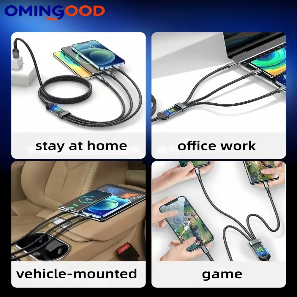 새로운 100W 고속 충전 나일론 편조 멀티 충전 케이블 3-in-1 USB 코드 (타입C, 마이크로, 범용 멀티 디바이스 어댑터 포함)