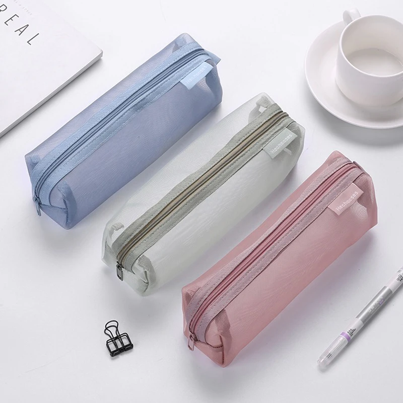 Pen Bag Translucent Simple Mesh Student Exam Stationery Bag Large Capacity Portable Storage Study Supplies