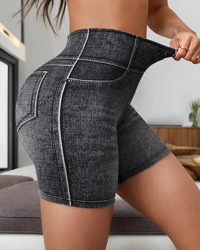 

Denim Style Printed Pattern Imitation Denim Breathable High Waisted Tight Fitting Sports Casual Elastic Commuting Women's Shorts