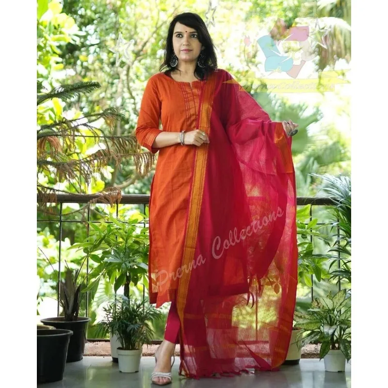Fully Stitched Indian Women Wear South Cotton Straight Kurti Pant & Dupatta Set
