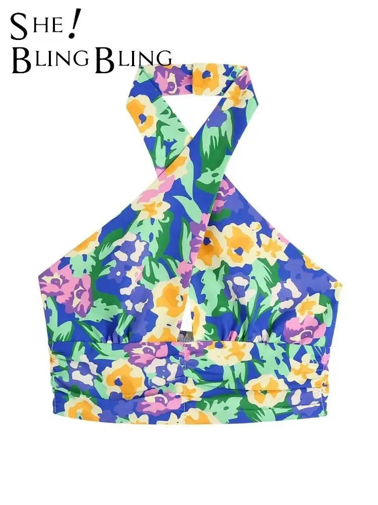 SheBlingBling 2022 Summer Women Casual Beach Crop Tops Back Floral Traf Sleeveless Shirred Print Criss Cross Halter Slim Tanks |
