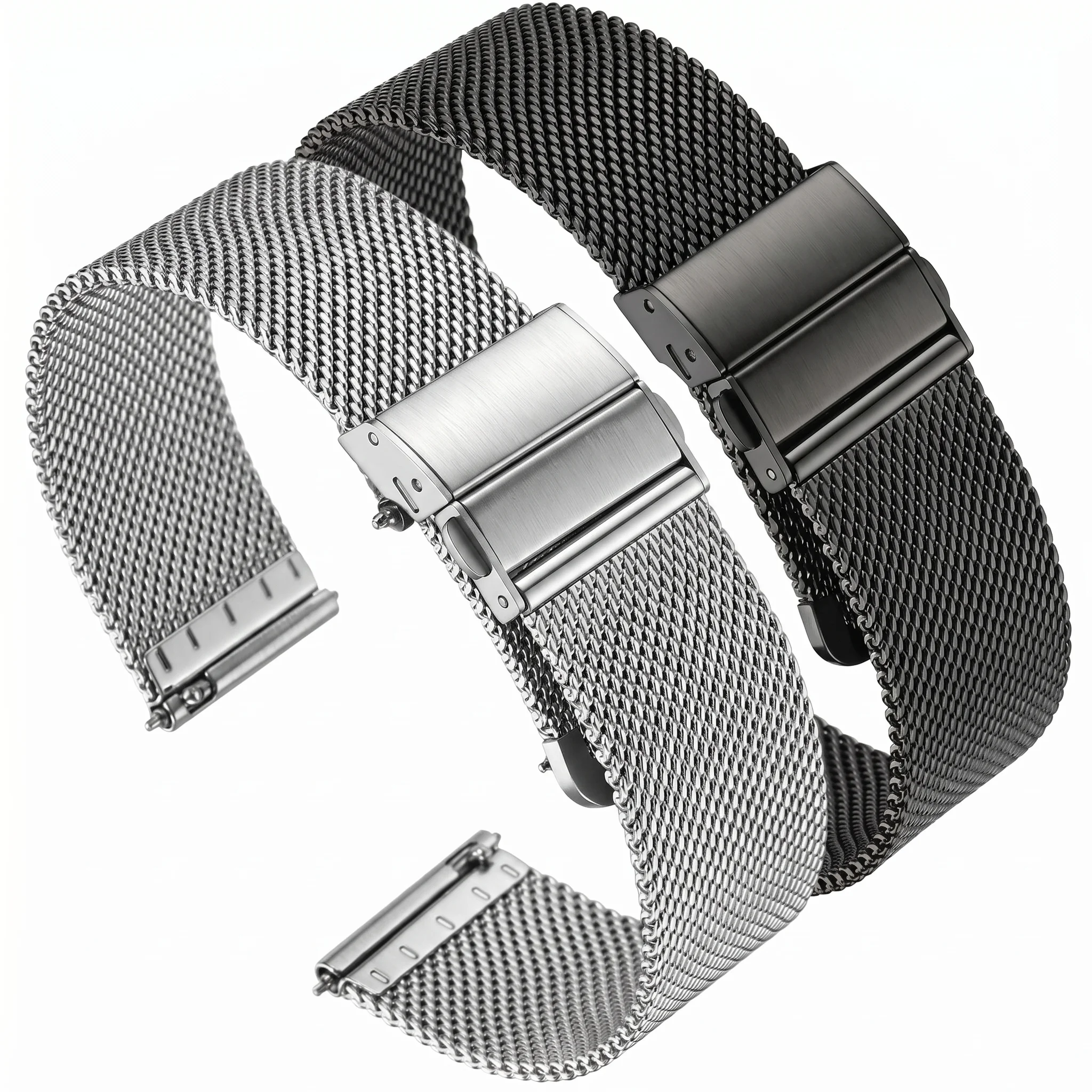 Elegant Stainless Steel Mesh Milanese Loop Bracelet Watchband – Silver Black with Deployment Clasp