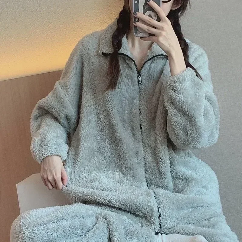 

Home Suit Sleepwear Wear Piece Korean Pant Set Zipper Winter Warm New Thick Coat Solid Fleece Piiama Women 2 Pajamas Night 2023