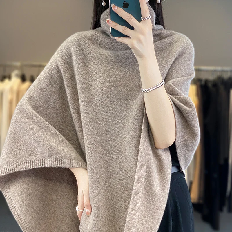 Spring Autumn High Quality Shawl Women's Medium to Long Korean Sleeveless Casual  Wool KnitHigh Neck Pullover CapeJacket 23 autumn winter new high end shawl cloak women s one button shawl scarf colored 100% pure wool loose and comfortable shawl wrap