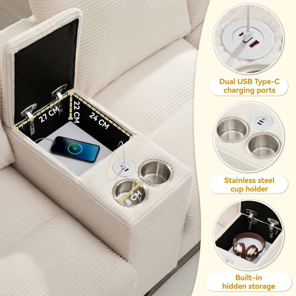 Geräumiges U-förmiges Sofa mit Stauraum, übergroßer Cordplatte und Kissen, Getränkehalter und 2 USB-Anschlüsse aus Edelstahl – Detail 12