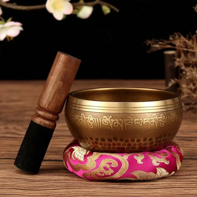 Singing Bowls Set Buddha Mantra Design Tibetan Nepal Handmade Singing Bowls Set Tibetan Bowl with Leather stick for Yoga Chanting Meditation