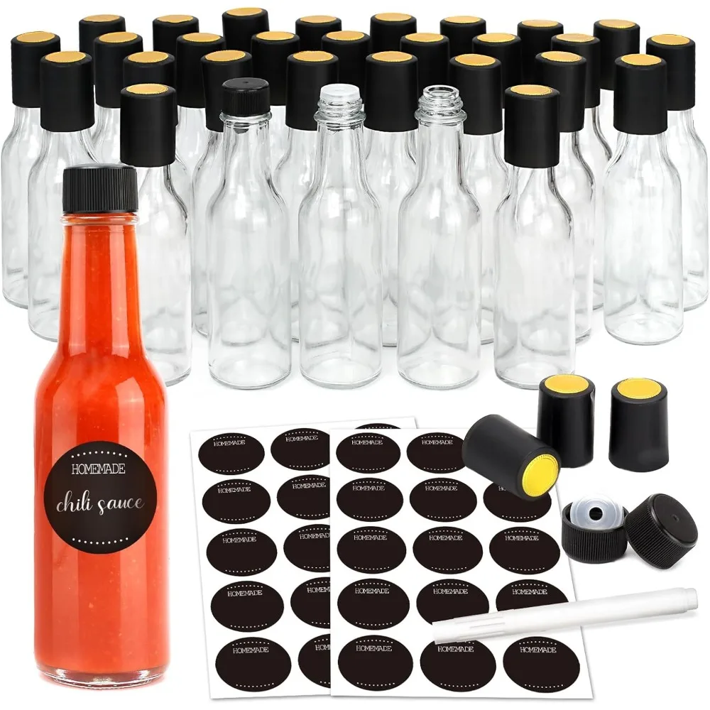 Mini Hot Sauce Bottles 5 oz, 24 Pack Glass Woozy with Shrink Capsules, Vanilla Extract Labels, Funnel, Dripper Inserts,Pepper 4