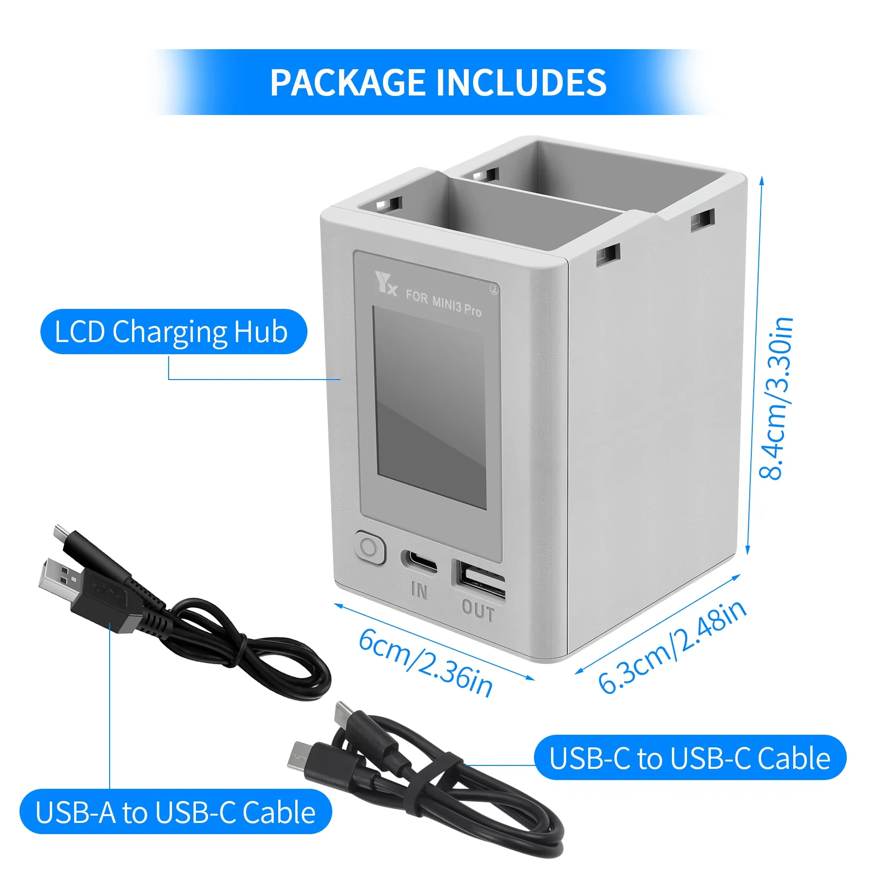Vue de face du chargeur batterie drone double slot PD QC3.0 avec ports USB