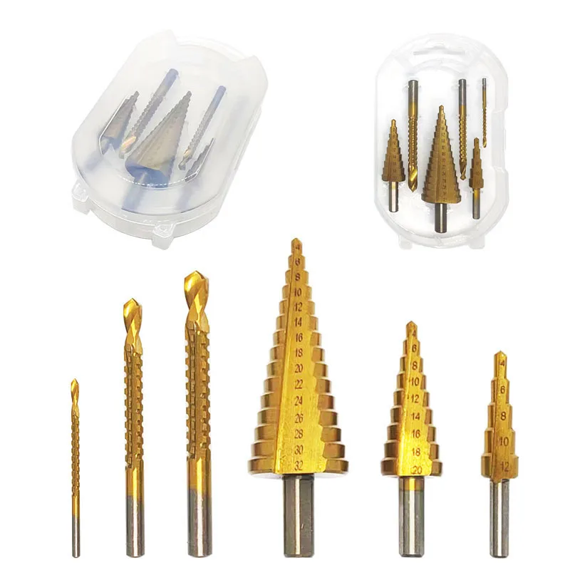 Step Drill 6Pcs/Set Triangular Handle Straight Slot Drilling Reaming Slot Pulling Transparent Box Pagoda Sawtooth Drills Durable