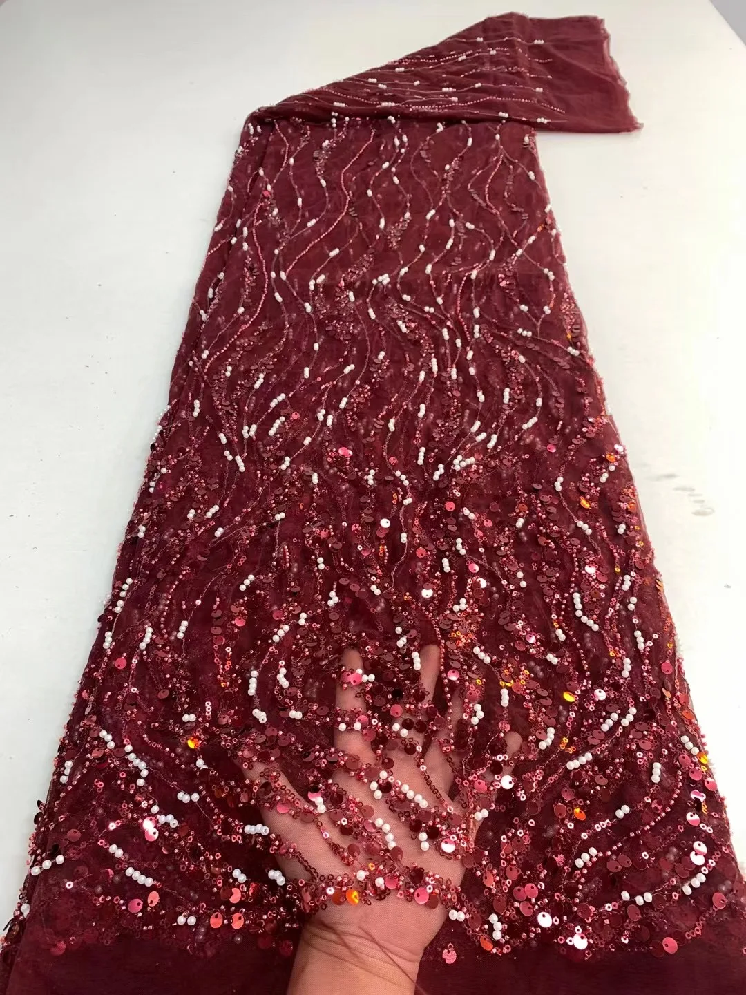 Latest Luxury Sequins Tulle Lace African Handmade Beaded Lace French 2022 High Quality Fabric Nigeria Bride Wedding Dress Sew 