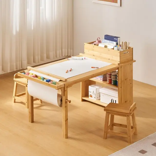 Art Table and Chair Set for Kids with Paper Roll Holder, Storage Shelves, Side Tray, Organizer Caddy, and 2 Stools, Ideal for Ag