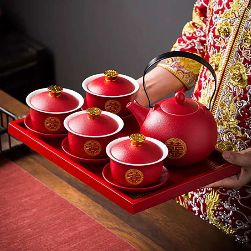 Chinese Style Double Happiness Porcelain Tea Set, Teapot and Cups, Gaiwan with Saucer, Ceremony Set Gifts, Wedding Celebration