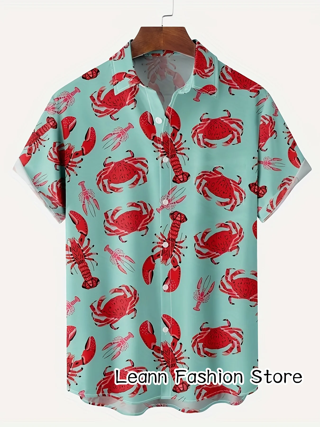 Men Summer Fashion Beach Shirt Crab Lobster Printing Shirt Leisure Shirt Casual Hawaiian Vacation Short Sleeve Clothing