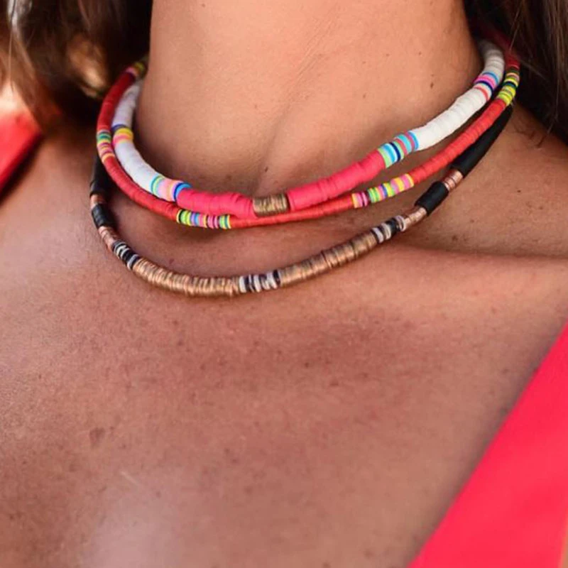 Boho Style Colorful Clay Choker Necklace Women Girls Bohemian Rainbow Polymer Clay Beads Adjustable Collar Femme Jewelry velvet choker necklaces