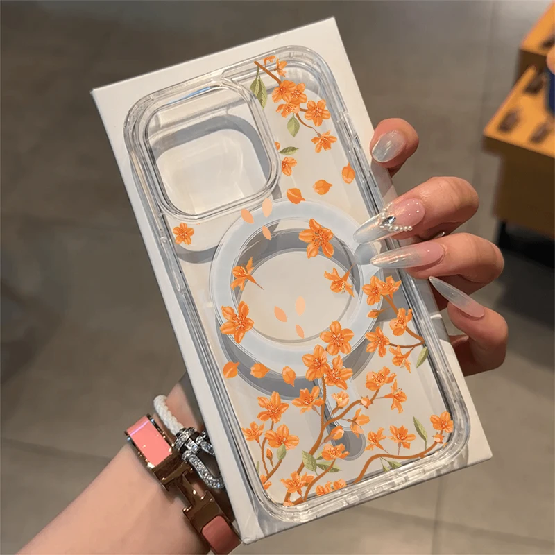 Floral Magnetic Transparent Phone Case with Magsafe Wireless Charging Capability