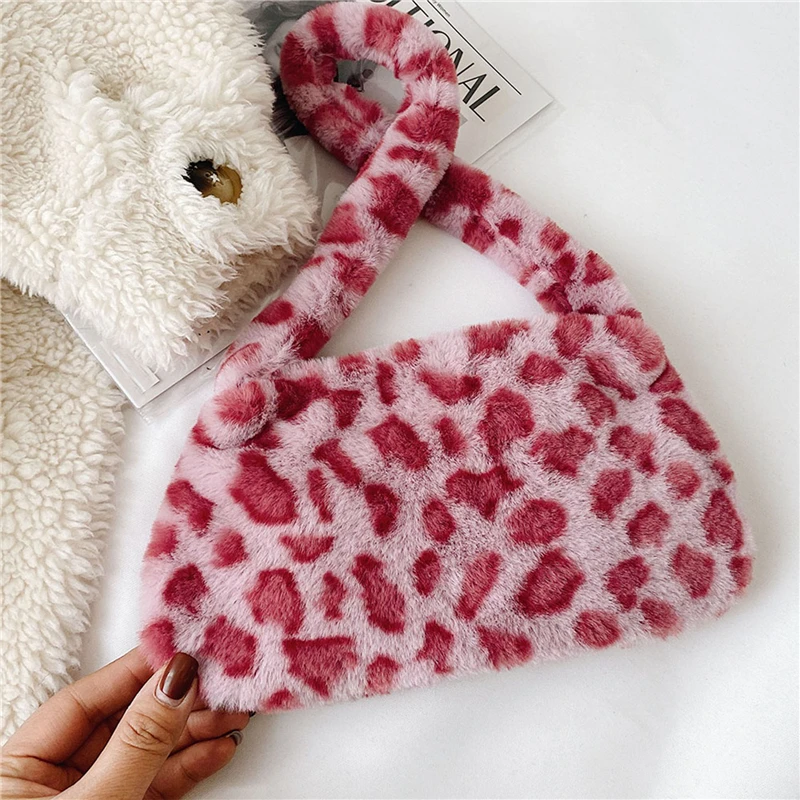 Women Cow Print Mini Shoulder Bags Female Winter Plush Underarm Bags Leopard Zebra Pattern Fluffy Tote Small Purses Shoulder Bag Ladies Handbag Underarm Bag