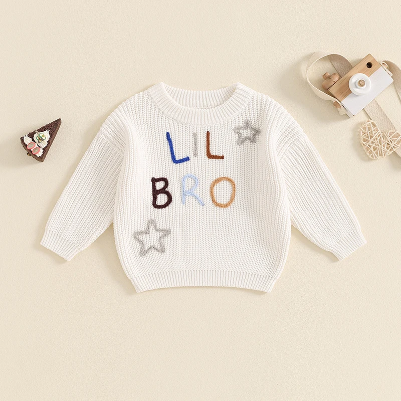 Little Boy Knit Sweater Letter Star Embroidery Crew Neck Long Sleeve Casual Pullover Tops for Fall
