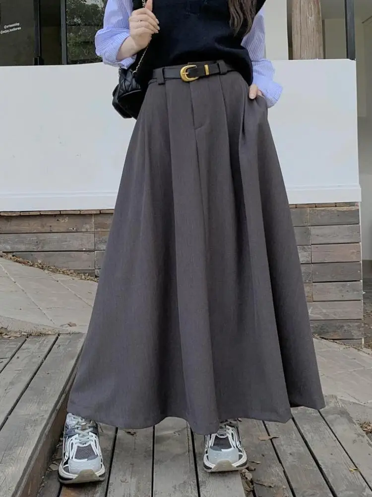 Autumn Black Pockets Long Skirt Women With Belt 2023 Fashion