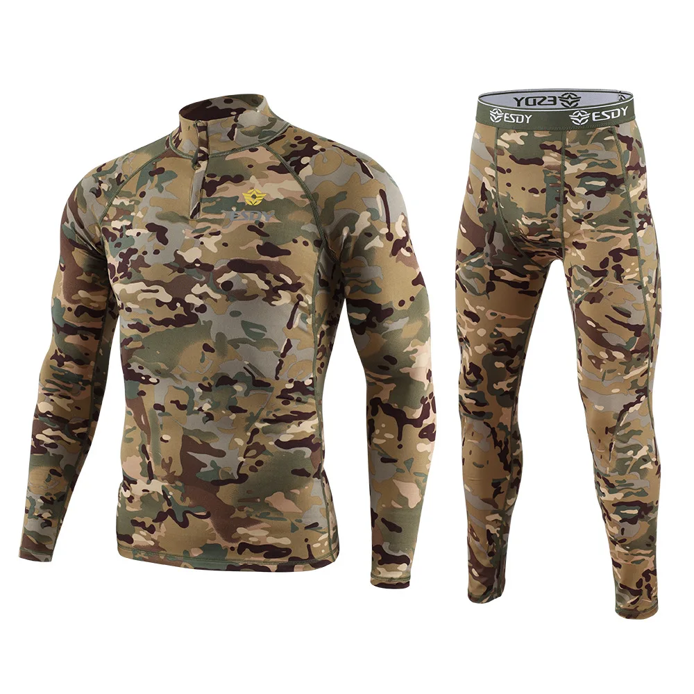 Set Tattico Militare da Uomo in Tessuto Mimetico, Maglia a Compressione a Maniche Lunghe e Pantaloni in Pile, Abbigliamento Termico per Ciclismo e Sport all'Aperto