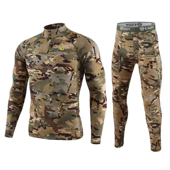 Set Tattico Militare da Uomo in Tessuto Mimetico, Maglia a Compressione a Maniche Lunghe e Pantaloni in Pile, Abbigliamento Termico per Ciclismo e Sport all'Aperto