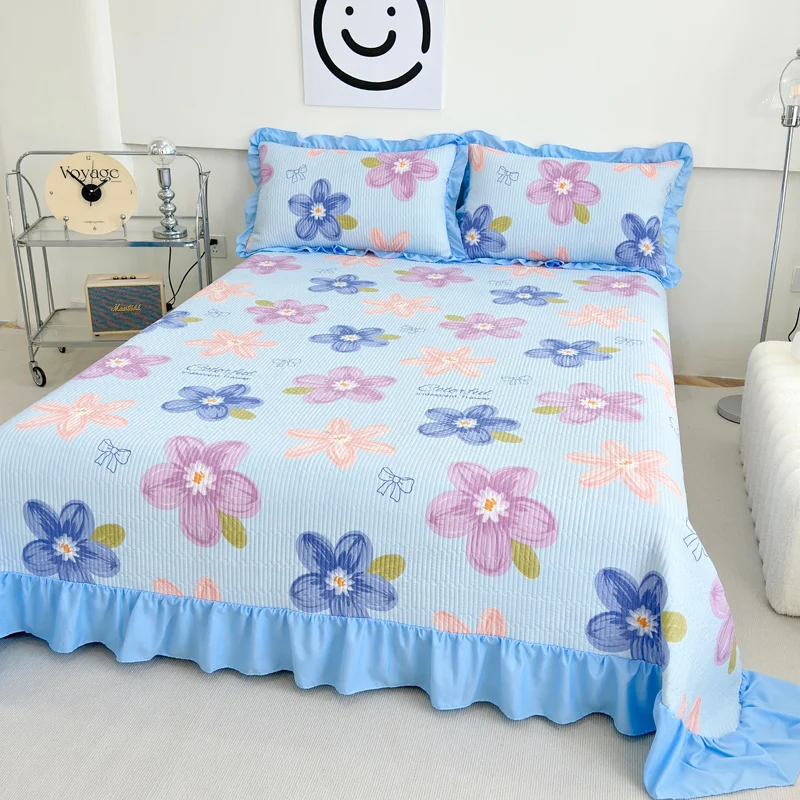 꽃무늬 누빔 침대보, 주름 장식이 있는 두꺼운 침대 커버, 퀸/킹 사이즈, 피부..