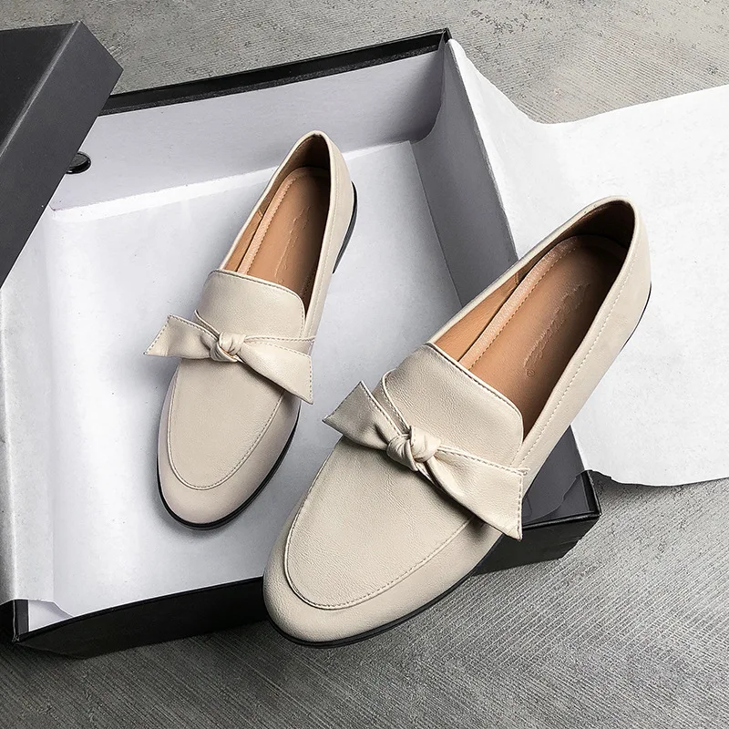

2022 Spring Fashion Women's british style leather shoes Flat Shoes Women Quality PU Leather Slip on Loafer Shoes Ladies Flats