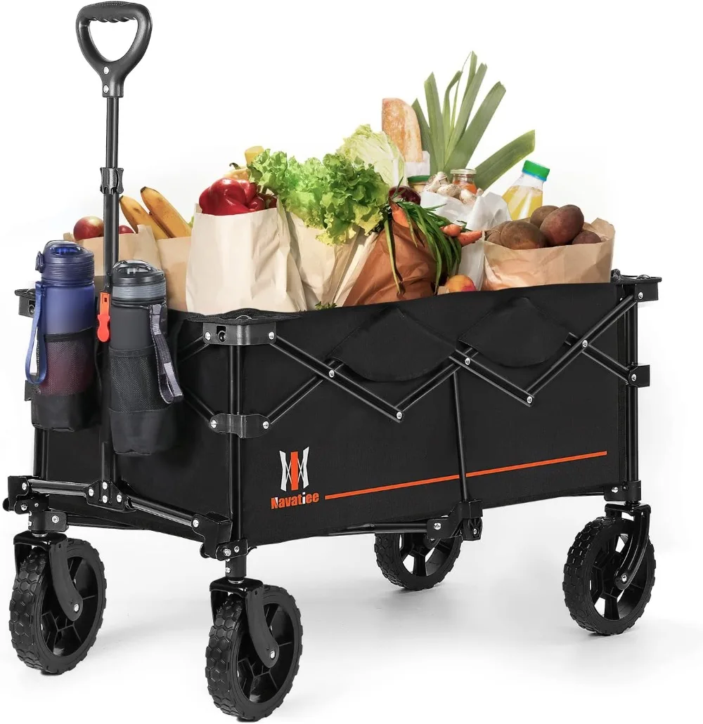 

Collapsible Folding Wagon, Wagon Cart Heavy Duty Foldable with Two Drink Holders, Utility Grocery Wagon for Camping Shopping