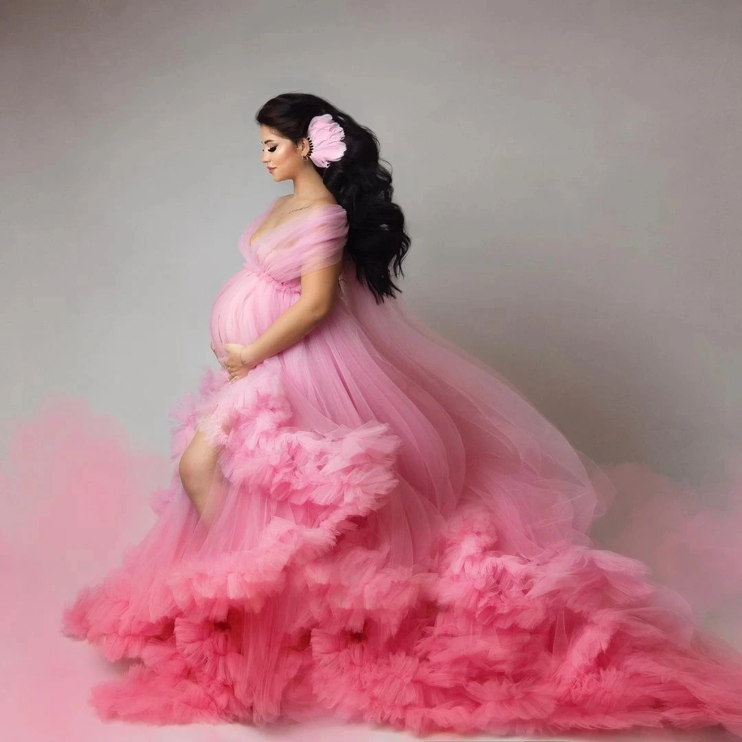 

Charming Colored Ruffled Long Tulle Maternity Dresses To Photo Shoots A-line Puffy Tulle Robe Tutu Gowns Baby Shower Maxi Dress
