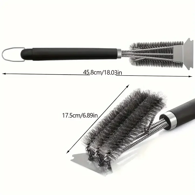 Grill brush 1 piece professional three-end barbecue brush with spatula stainless steel bristles long handle