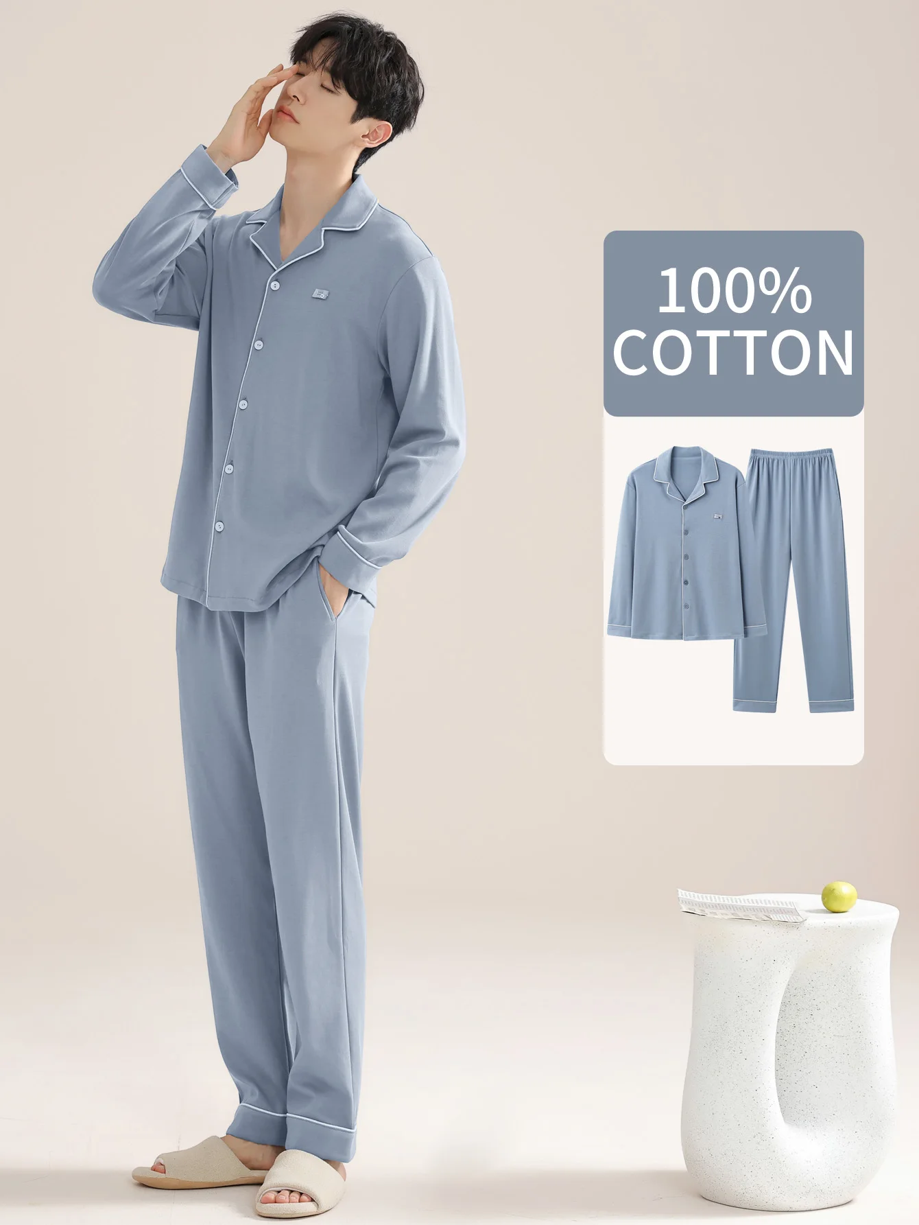Men's 100% cotton long sleeved four season plus size men's sleepwear, teenage pure cotton home suit set for warmth