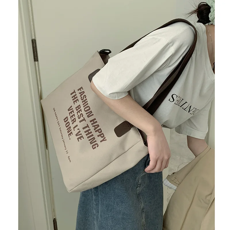 Korean Version of Large-capacity Canvas Bag Female 2022 New Fashion Letter Printing Tote Bag Joker Leisure Messenger Bag