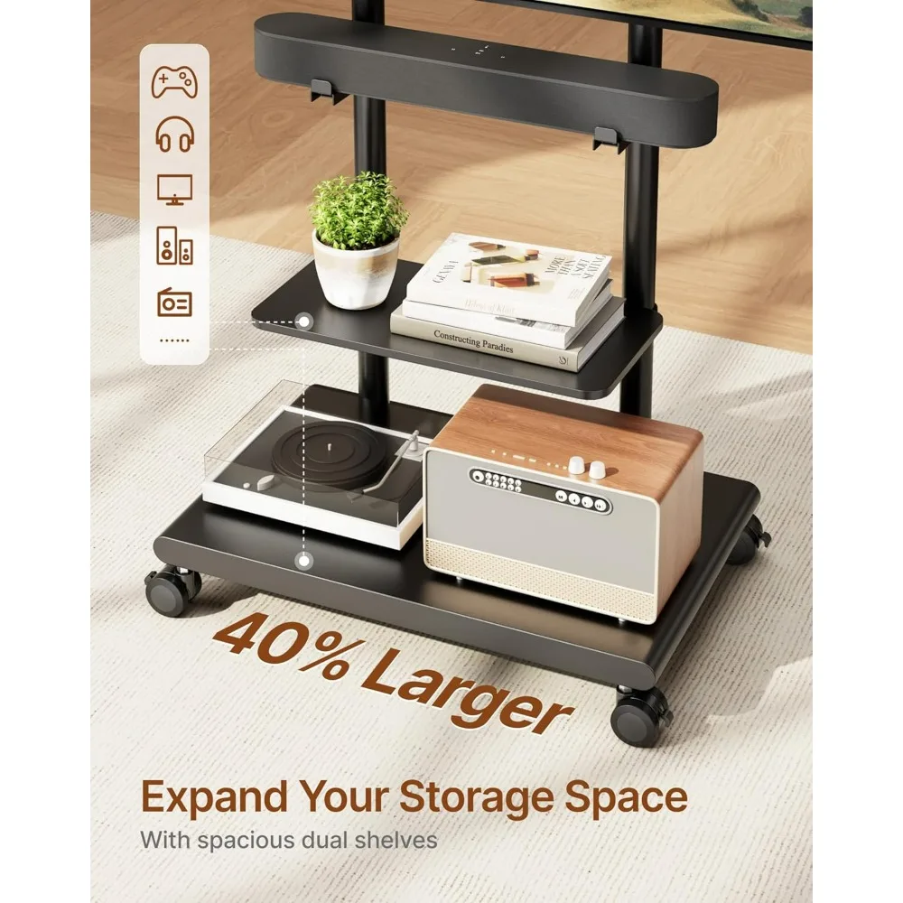 Mobile Swivel TV Stand with Soundbar Mount for 37-75 Inch TVs, Adjustable Tilt and Large Storage Capacity