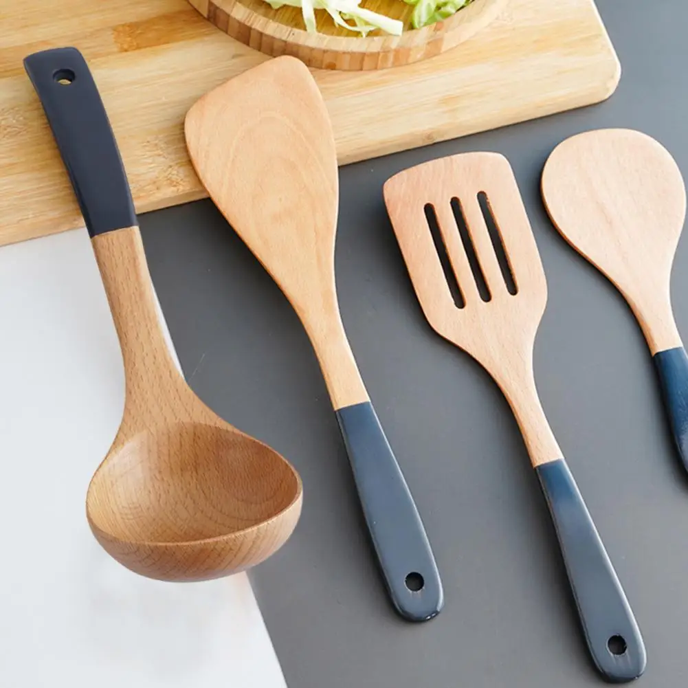 Cooking Shovel Ergonomic Wooden Spatula Soup Spoon Set for Stir-fry Pan Rice Non-slip Heat-resistant Kitchen Utensils
