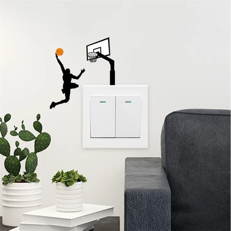 2Pcs Cartoon Basketball Player Dunks Wall Decal Light Switch Cover Outlet Wall Sticker Home House Decoration Light Switch Decor