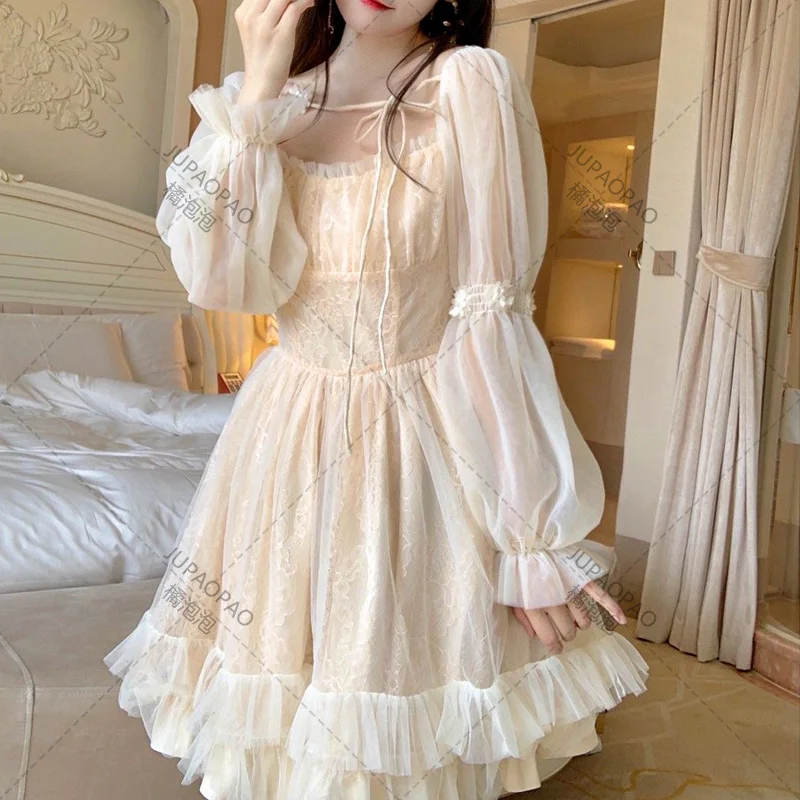 

Lolita Kawaii Dress Women Casual Long Sleeve Vintage Y2k Mini Dress Female Japanese Style One Piece Dress Korean 2023 Autumn