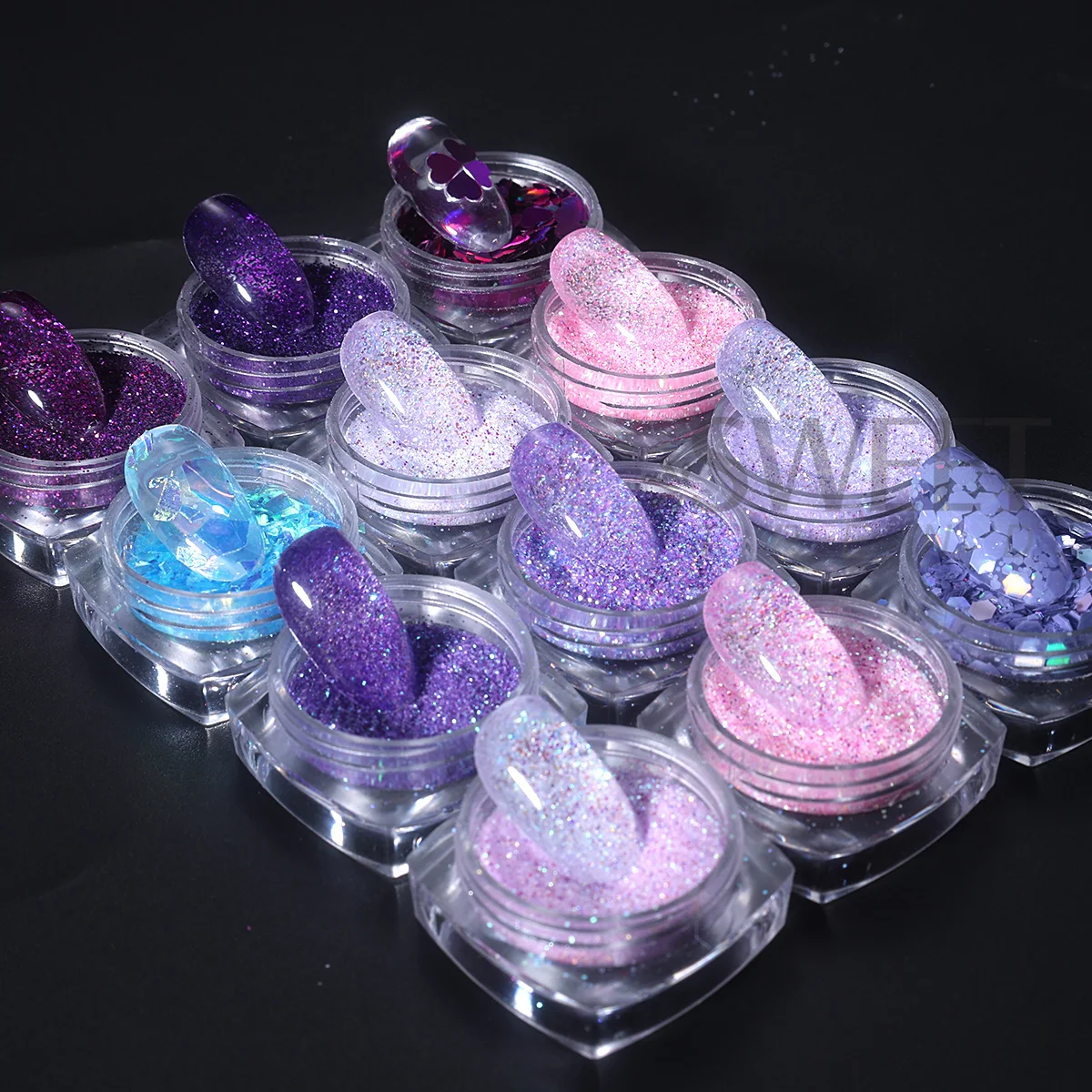 12pcs Elegant Purple Pink Nail Glitter Powder Mixed Sugar Candy Pigment Hexagon Heart Irregular Flake DIY  Manicure Decor Sequin