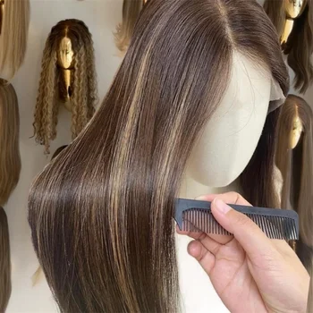 Soft Highlight Blond Glueless 26'' Silky Straight 5x5 Silk Base Jewish Human Hair Wig Baby Hair HD Lace European Hair Preplucked