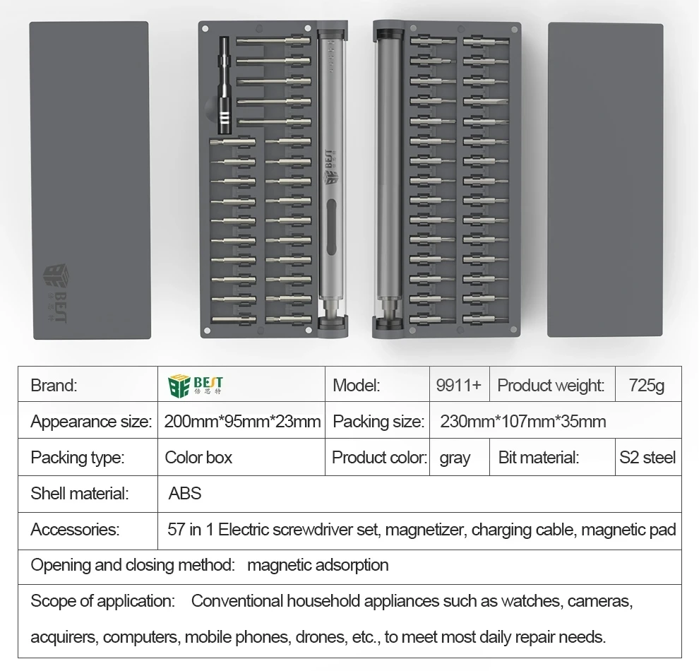 

BEST-9911+ 57 in 1 Electric Screwdriver Set Rechargeable Cordless Power Screw Driver Kit With Magnet Pad Magnetizer