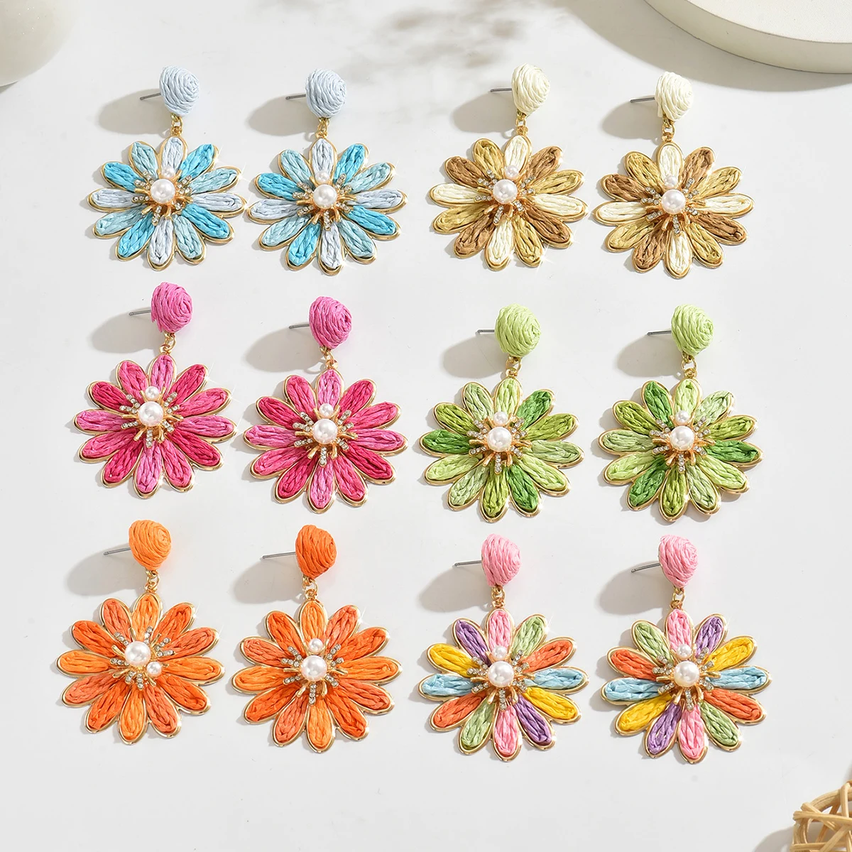 Bohemia Stylish Colorful Raffia Flower Earrings for Women Girls Elegant Sweet Handmade Rattan Knit Earrings Summer Jewelry Gifts