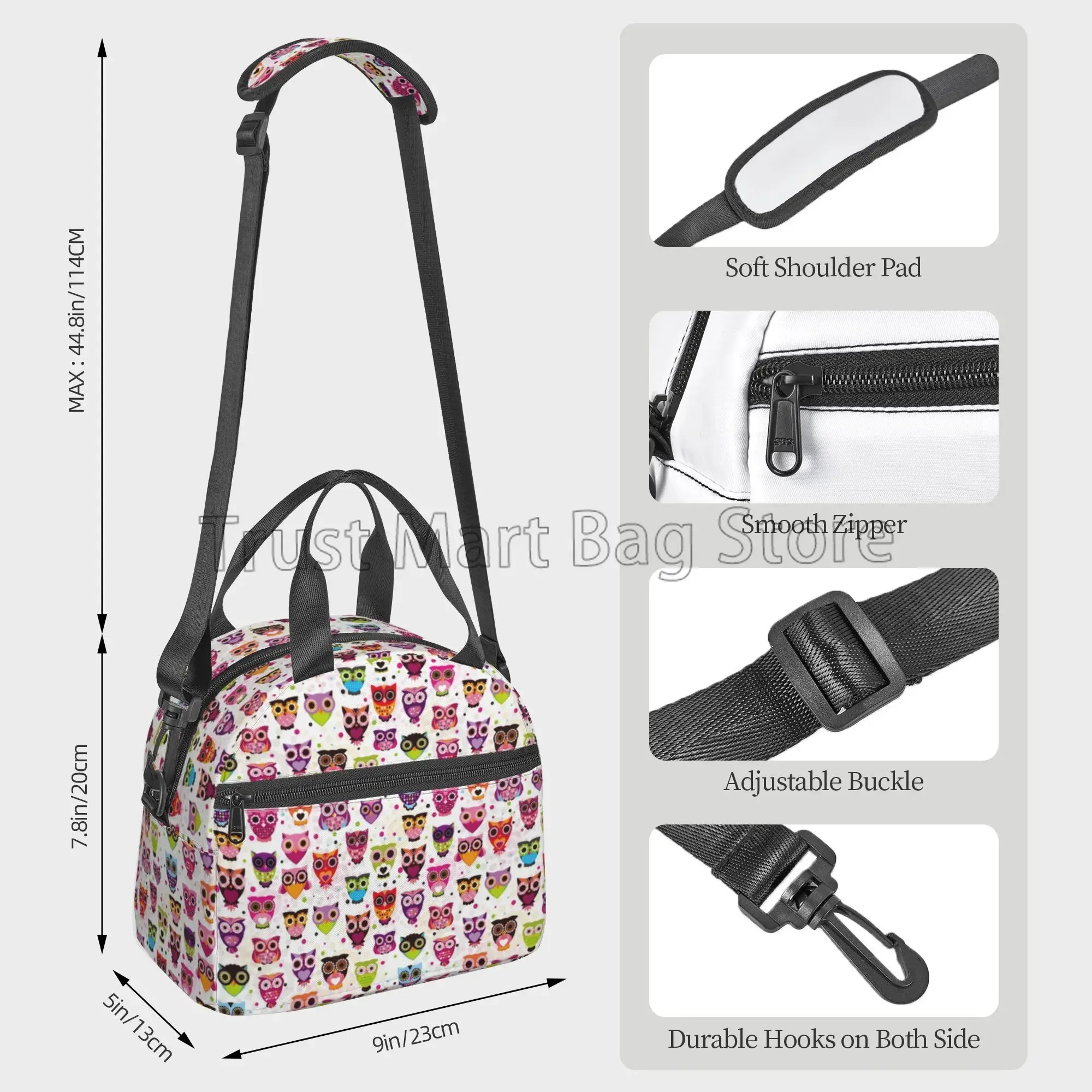 Cute Owl Reusable Insulated Lunch Tote Bag for Women Polka Dot Cooler Bag Lunch Box Container with Adjustable Shoulder Strap