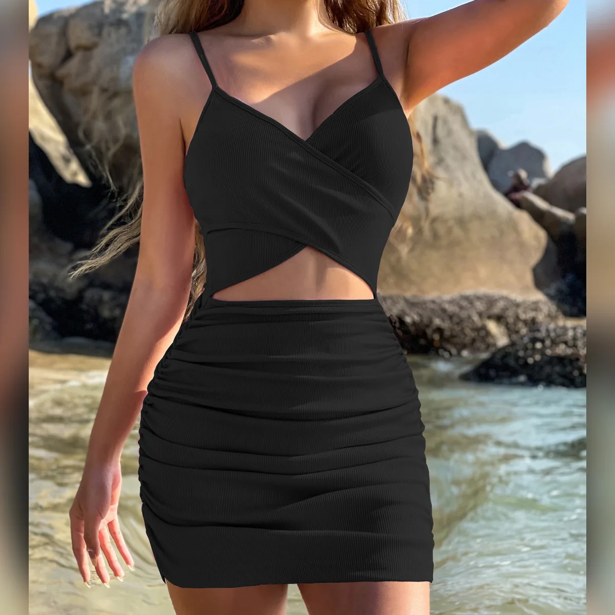 Frauen Sexy Ausschnitt, Figurbetontes Kleid, Euro-Stil, Kreuzrücken, Träger, aushöhlen, Nachtclub, Party, Abend, Outfit, schmale Passform, dehnbares Kleid – Detail 23