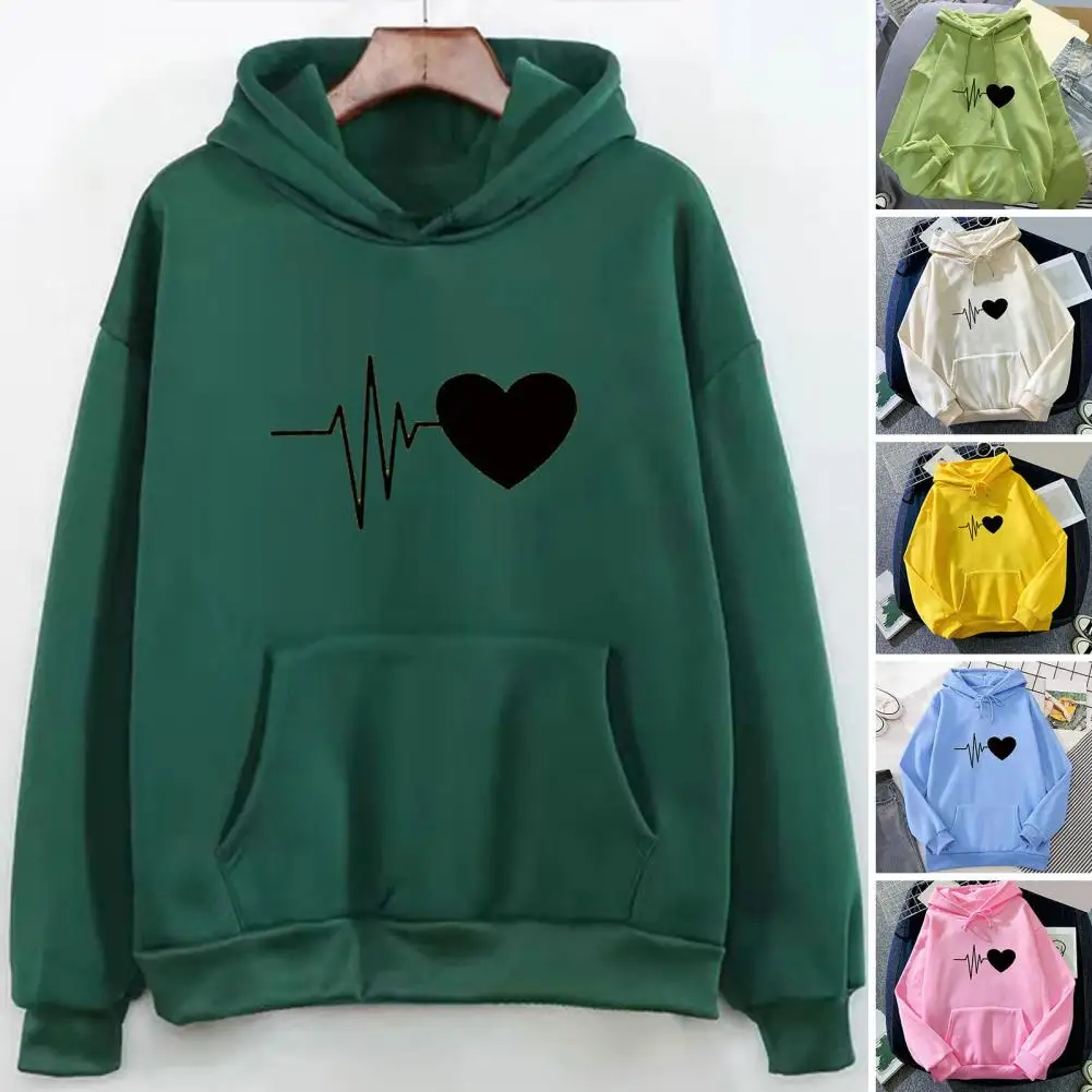 

Couple Hoodie Heart Print Hooded Loose Drawstring Long Sleeve Pullover Thick Plush Warm Elastic Cuff Big Patch Pocket Hoodie Top