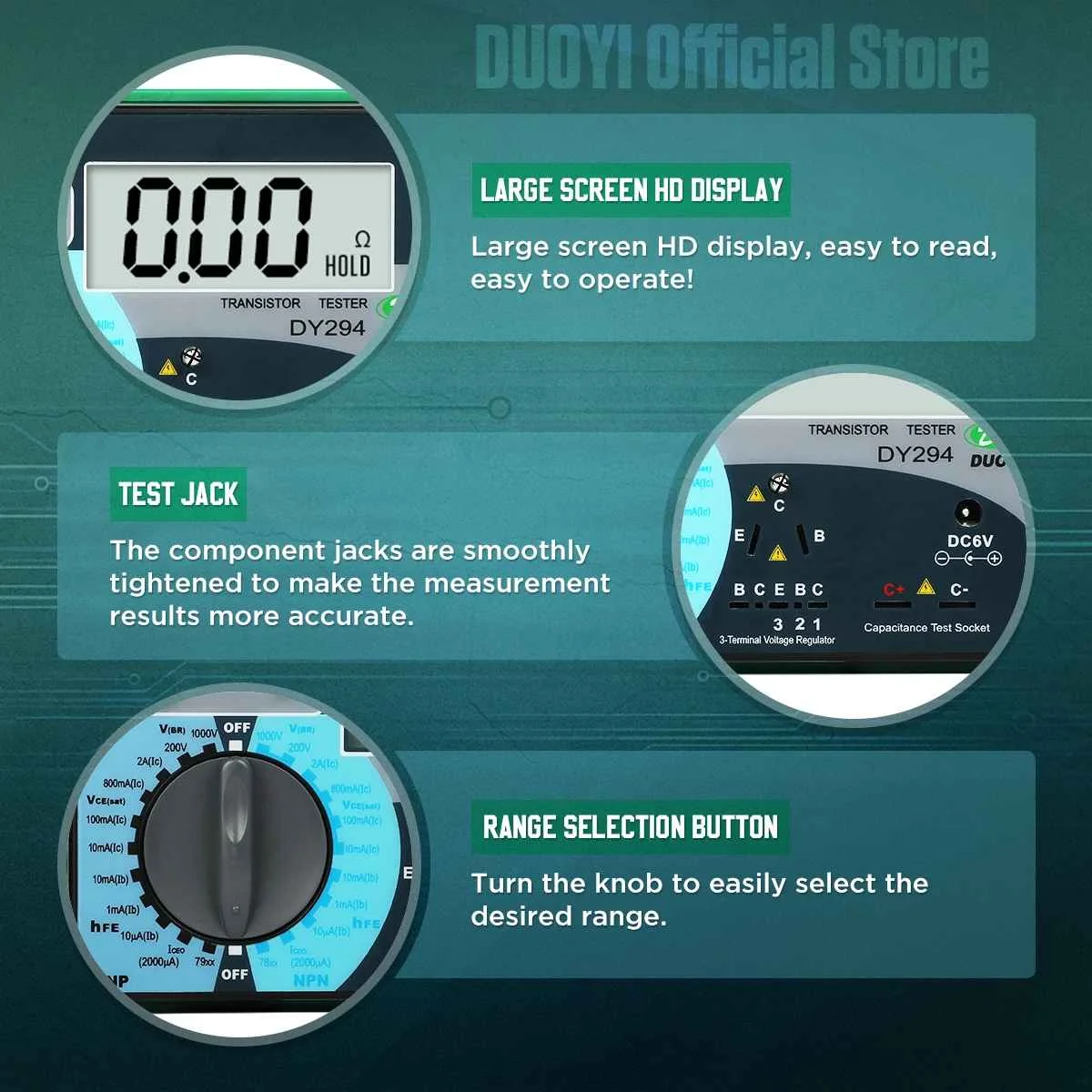 Mustool DY294 Multifunction Digital Transistor Analyzer Tester Semiconductor Diode Triode Reverse AC DC Voltage Capacitance FET 5