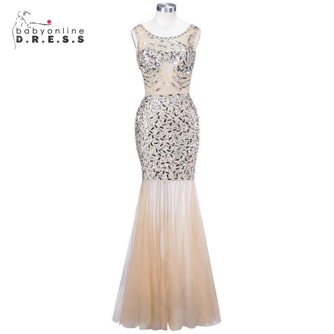 

BABYONLINE Glitter Prom Dress Sparkly Irregular Sparkling Crystals Sleeveless Diamonds Embellished Along Illusion Tulle Skirt