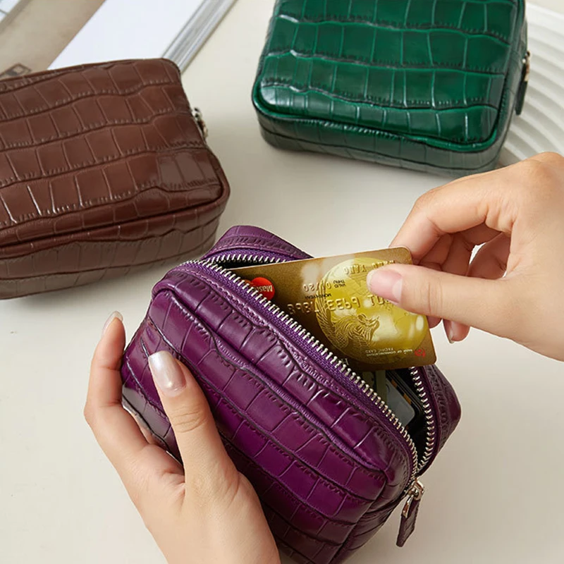 Luxury Genuine Leather Zip Coin Purse Crocodile Leather Pattern Cowhide Wallet Lipstick Cosmetic Bag Custom Woman Storage Bag 5